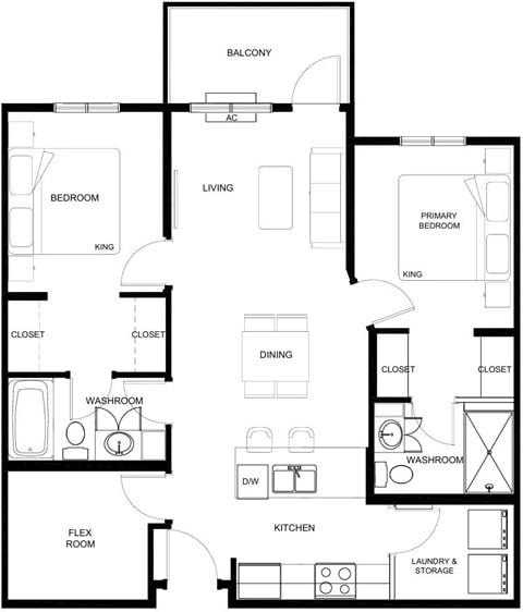 Floor plan for 2 beds, 2 baths, 951 sqft